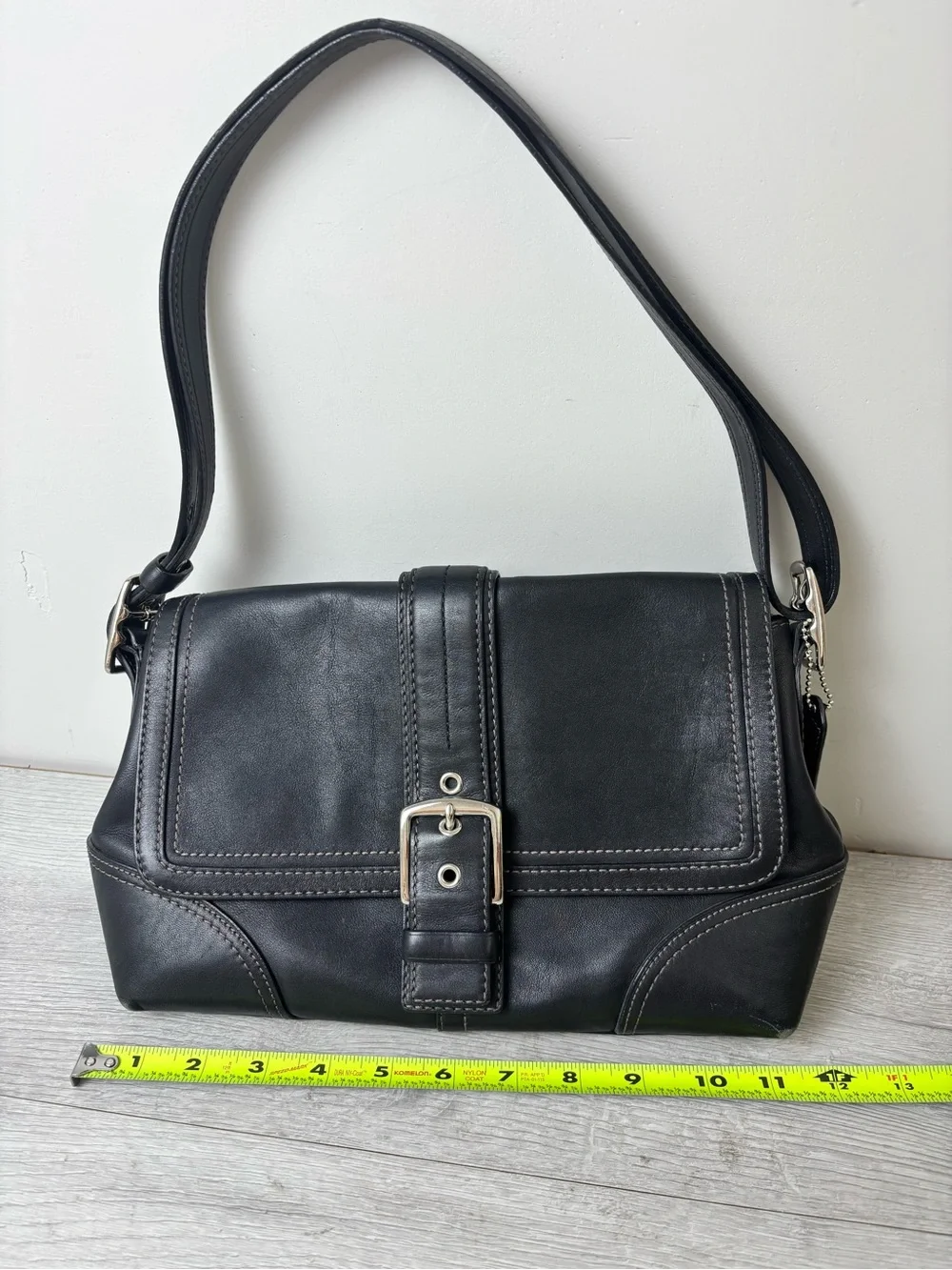 Coach Hampton Black Leather Buckle Flap Shoulder Bag Contrast Stitch Purse